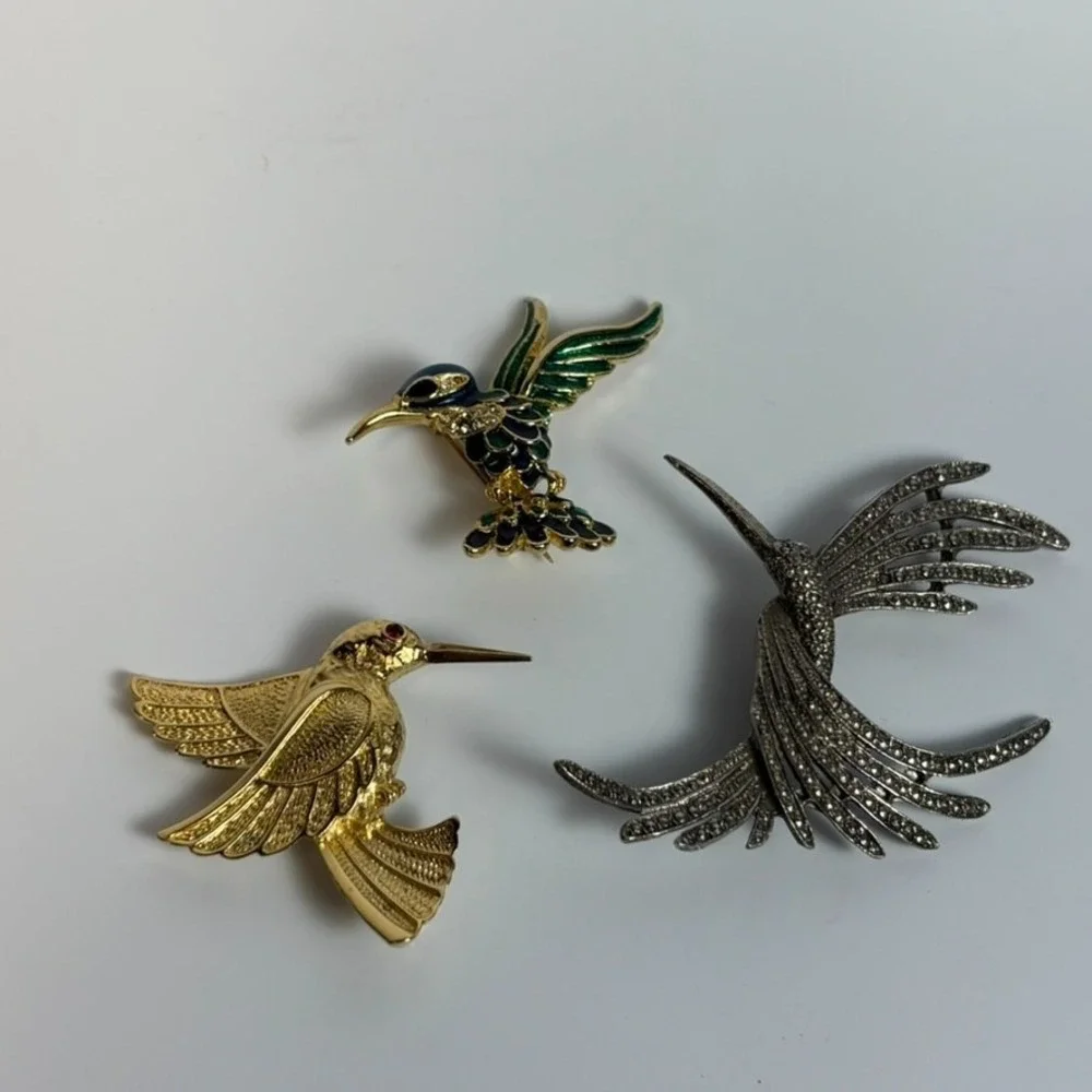 Brooch Lot Hummingbirds Vintage Silver Tone Green Painted Gold Tone‎ 2 inch